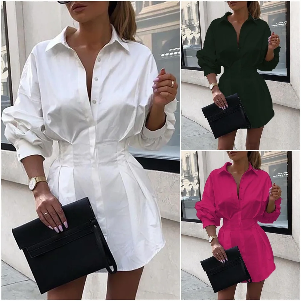 2021 Spring New Designs Women Button Down Dress Long Sleeve White Shirt Dress