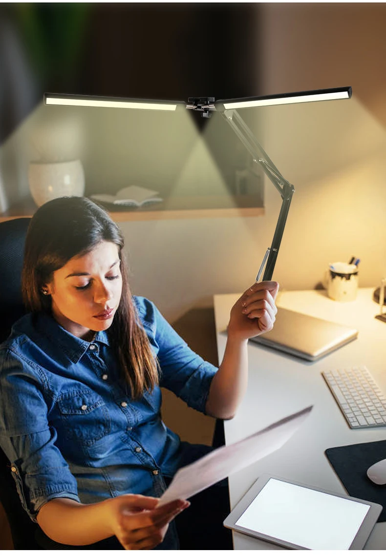 80cm Wide Modern LED Desk Lamp Double-Head Swing Arm Modes Aluminum Body  USB Task Light AC Power Metal for Home Office Use