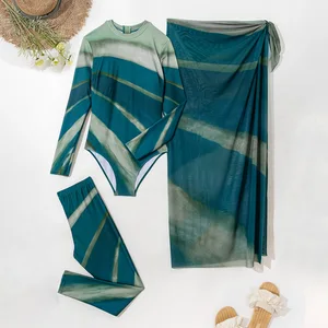 Muslim Women's 3 Piece Set Long-Sleeved Trousers Burkinis Plus Size Beach Holiday Sport Swimwear