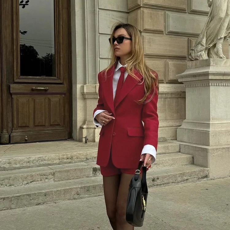 New Designs Formal Office Ladies Red Tie and Shorts Co Ord Set