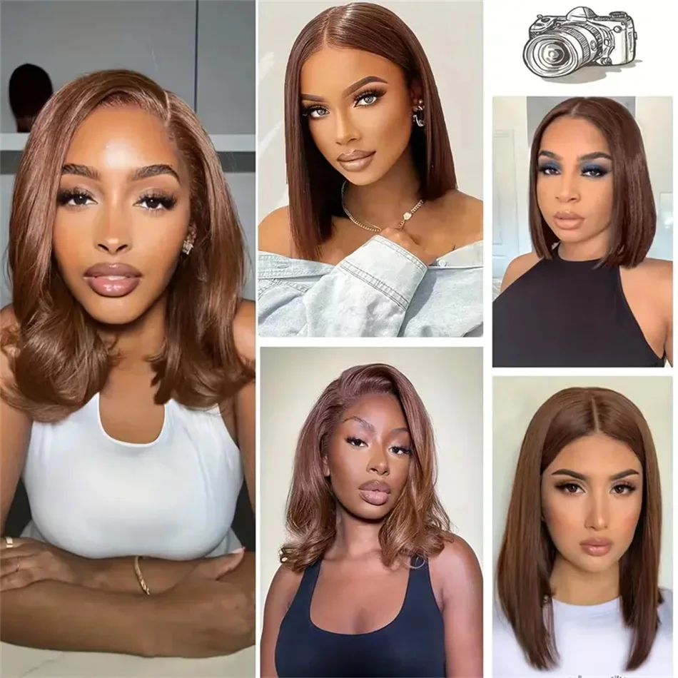 Chocolate Brown Bob Straight 13x4 Lace Human Hair Wigs 210% Density Brazilian Natural_voghion.com