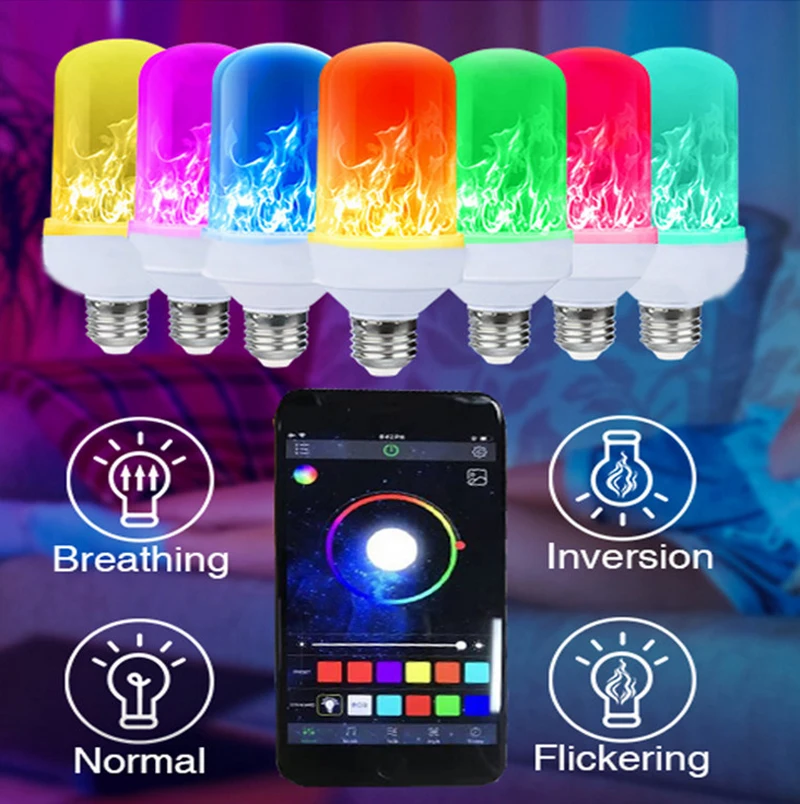 RGB Led Flame Effect Light Bulb Smart APP Control E26 Fire Light With Gravity Sensor Christmas Decorations Indoor Outdoor
