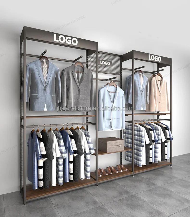 Adjustable Height Showroom Display Rack For Man Wood Retail Clothing