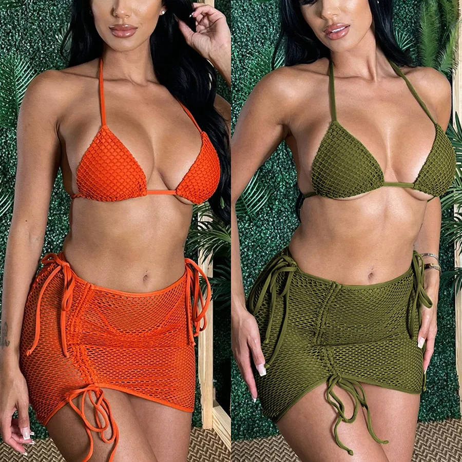 STOCK Two Colors Plain Basic Bikini Women 3Pieces Swimwear Fishnet Swimsuit Hollow Out Skirt CoverUp