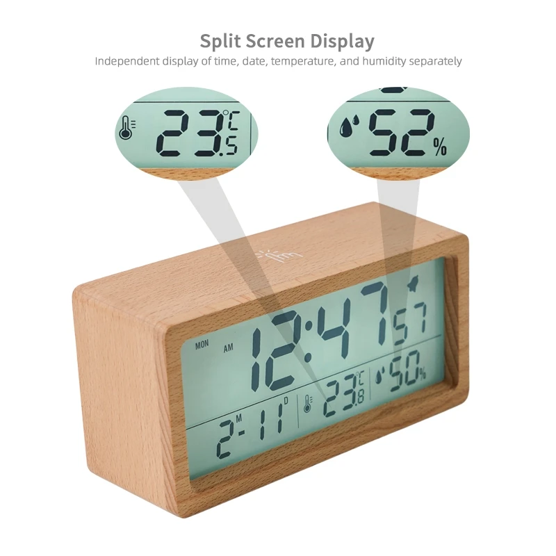 New Wooden Style Beautiful LCD Screen Digital Home Bedroom Calender Temperature Humidity and Snooze Electric Clock