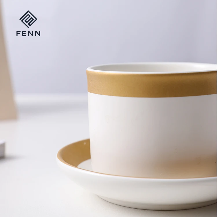 product fenn wholesale high quality luxury matte white ceramic coffee cup and saucer with gold edge customizable for coffee shop-60