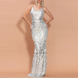 High Quality Strap Shining Gold Silvery Sequins Ball Gown Natural Waistline Anti-Static Party Evening Dress for Women