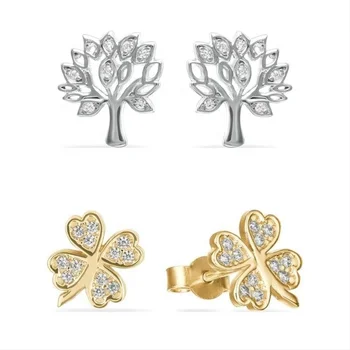 Good luck  925 Sterling Silver Tree Of Life and  lucky flower leaf  studs earring daily wear for women