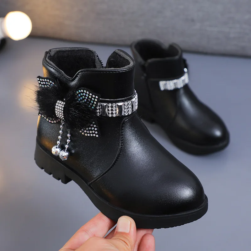 Winter Kids Designer Child Non-Slip Girls Kids Winter Boots Bow Soft Sole Thickened Thermal Pu Leather Kids Boots Girls