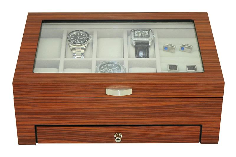 Customization Matte Wooden Watch Jewelry Box with a Drawer and Glass Window Hold Rings Cufflinks Keys Pen for Man and Woman