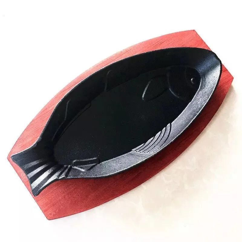 Hot Sale Pre-seasoned Kitchenware Cast Iron Frying Fish Pan Skillet Sizzling Plate Fish Shaped Plates With Wooden Base