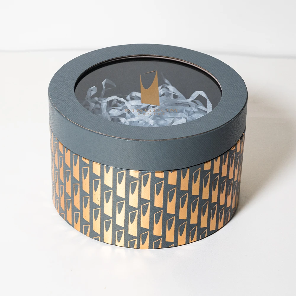 New Arrival Gold Foil Stamping transparent Pvc Window lid and base Makeup Paper Perfume Cylinder Box Packaging