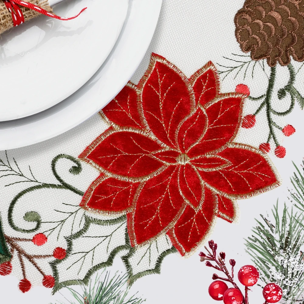 Christmas Poinsettia Table Runner & Placemats Set - Red & Gold Embroidered, 100% Polyester, Holiday Decor #6727