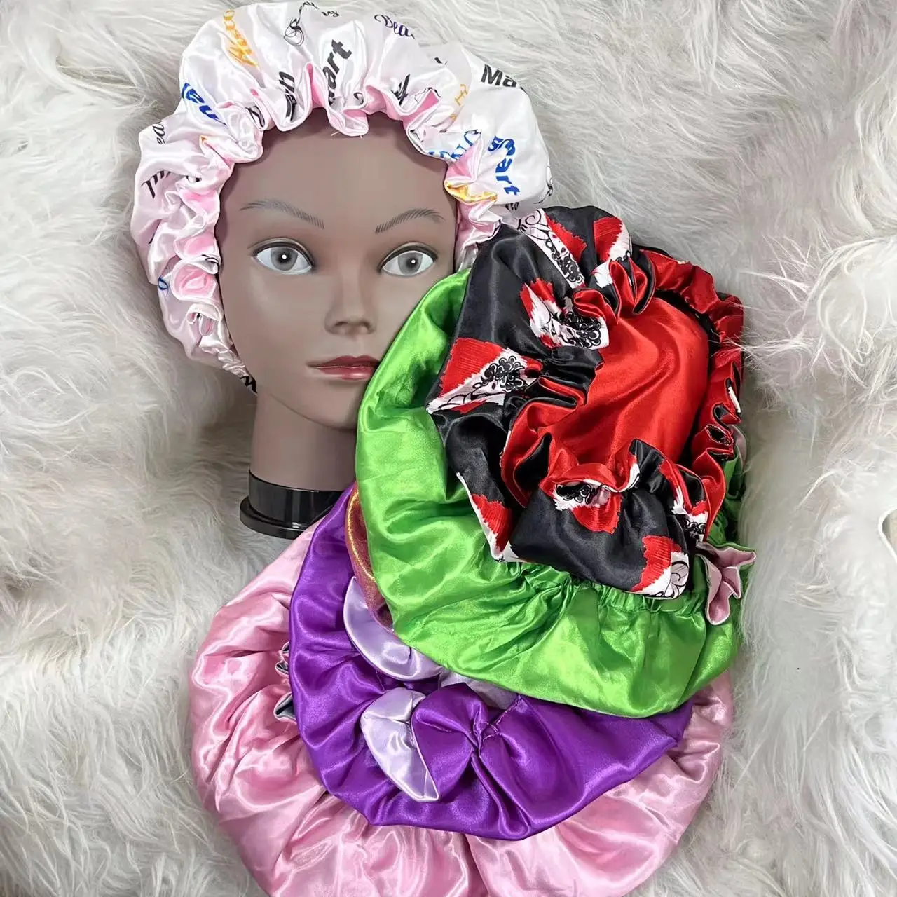 Satin Ruffle Double-Layer Shower Bonnet - Pink & Green Large  main image 3