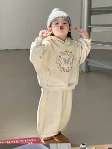 Girls Children's Suit 2026 Winter New Korean Cartoon Cute Plus Velvet Hooded Cotton Sweater Pants Wholesale