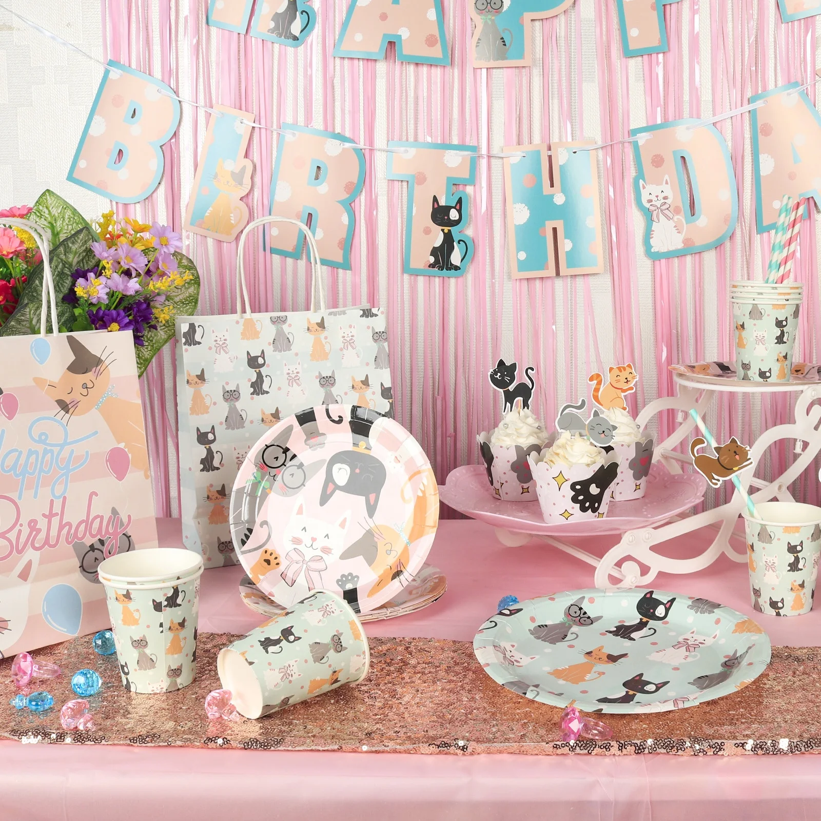 Cat Party Decorations - Including Banner, Honeycomb Centerpieces...