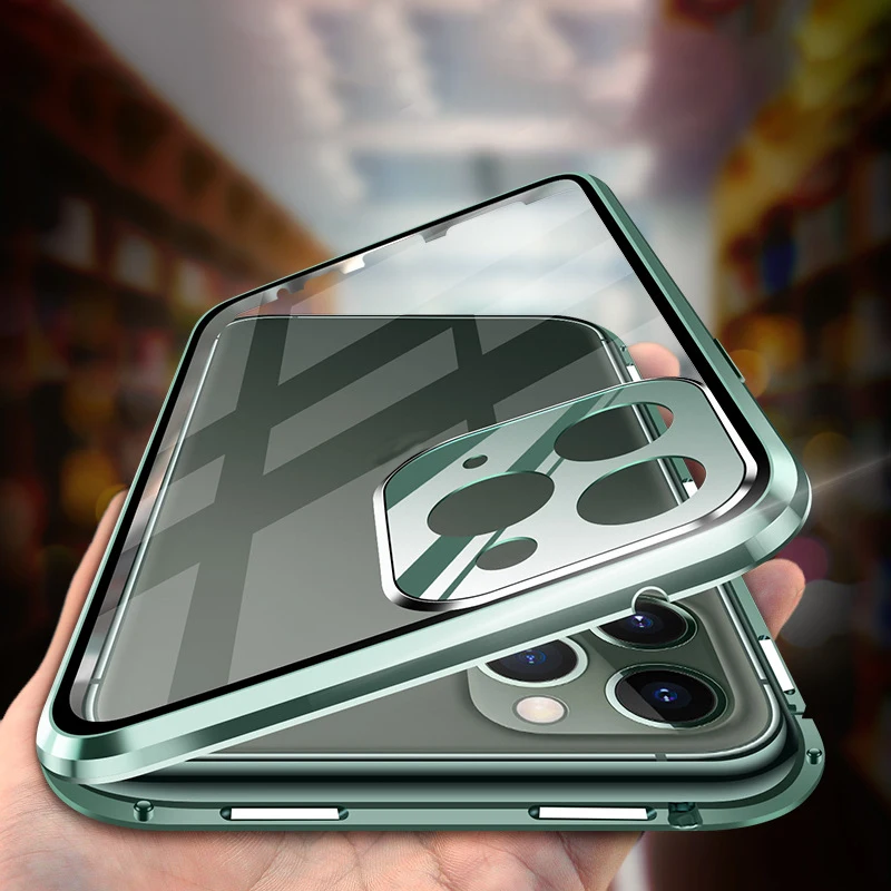 360 Degree Full Coverage Magnet Double-sided Metal Frame Tempered Glass Mobile Phone case for iPhone 15 14 13 12 11 XS Max X 8