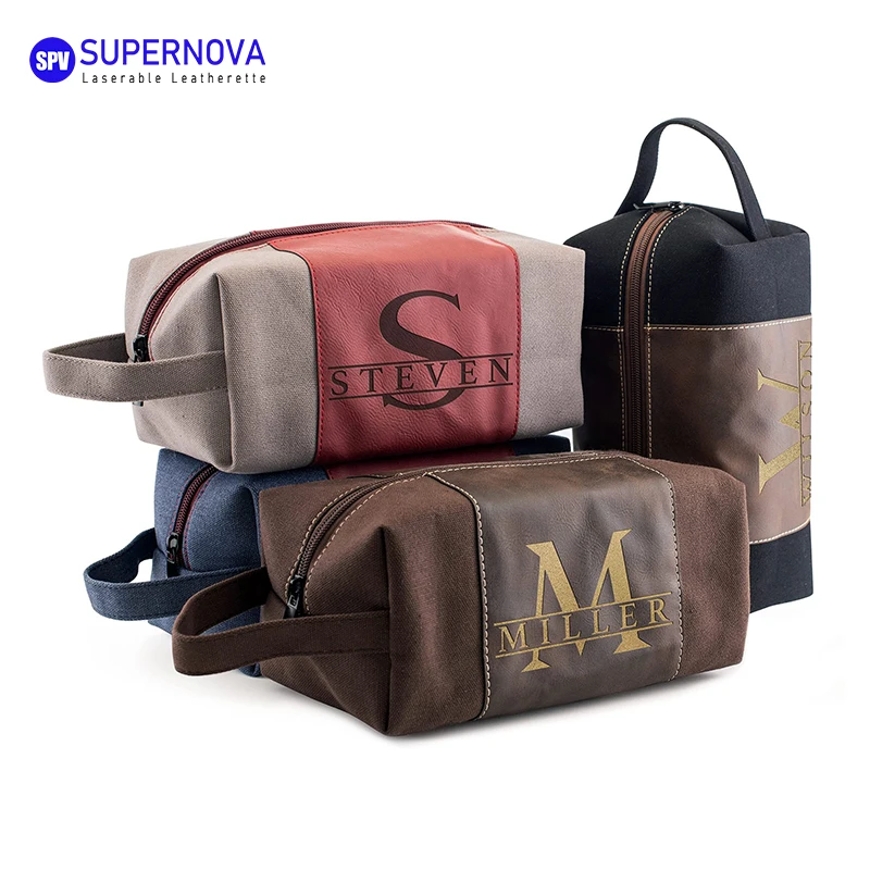 Bolsa de toalete laserável com logotipo personalizado, bolsa promocional de maquiagem ecológica para viagem, bolsa de maquiagem em lona de couro sintético