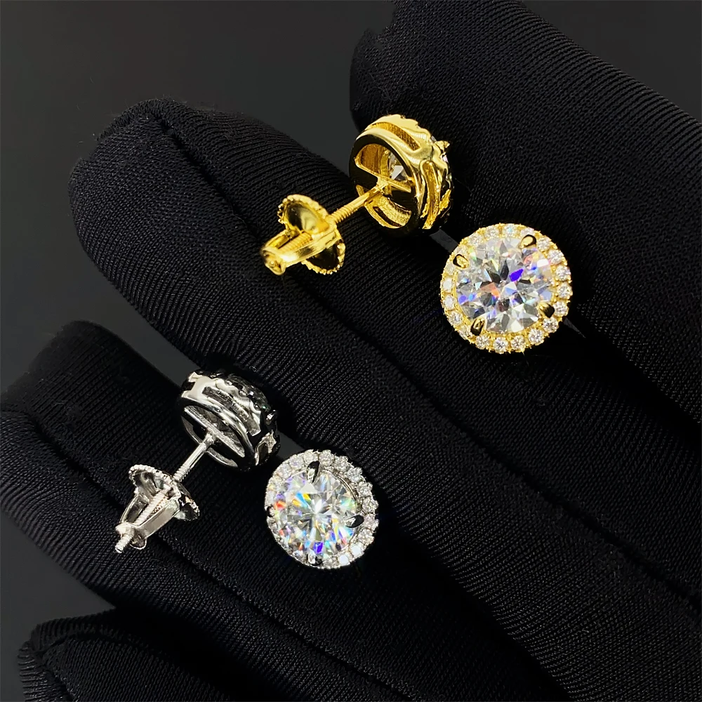 Luxury Hip Hop Big 8mm Center Stone Gold Plated 925 Sterling Silver  Moissanite Diamond Earrings