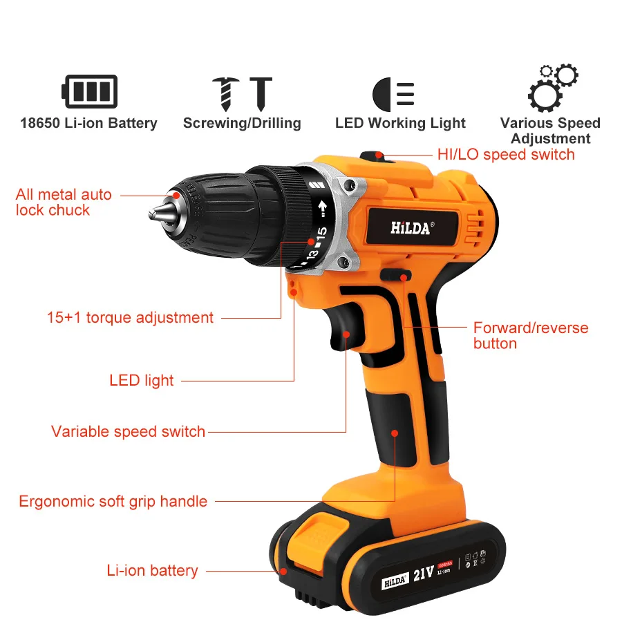 Hilda 21V Power Drills Set Hand Drilling Dril Machine Impact Driver Cordless Charging Electric Drill