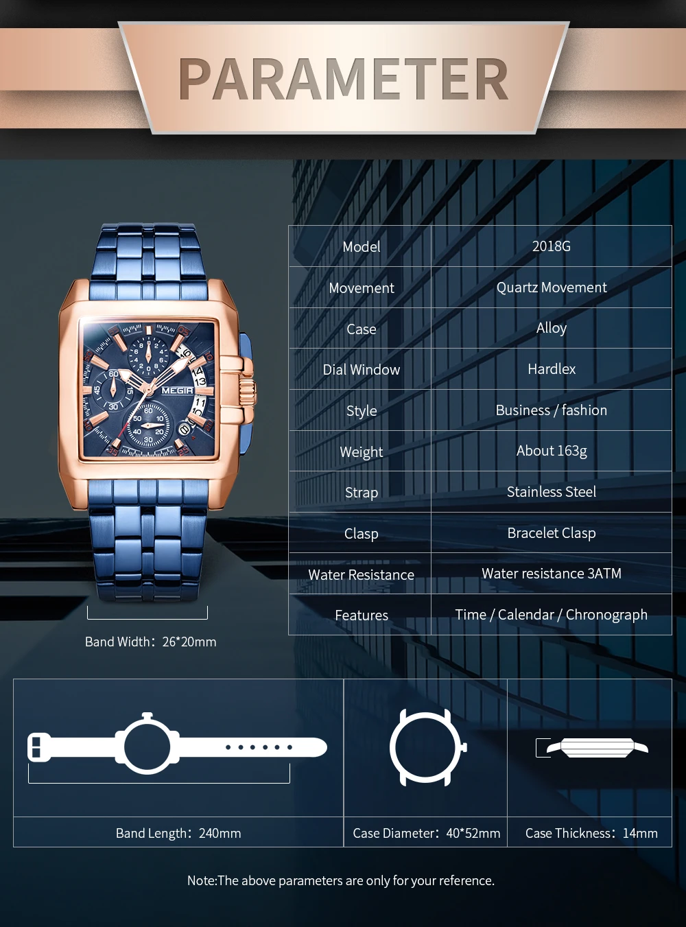 Reloj Megir 2018 Brand Luxury Watch Man Square Quartz Chronograph Date Men Business Waterproof Stainless Steel Watch