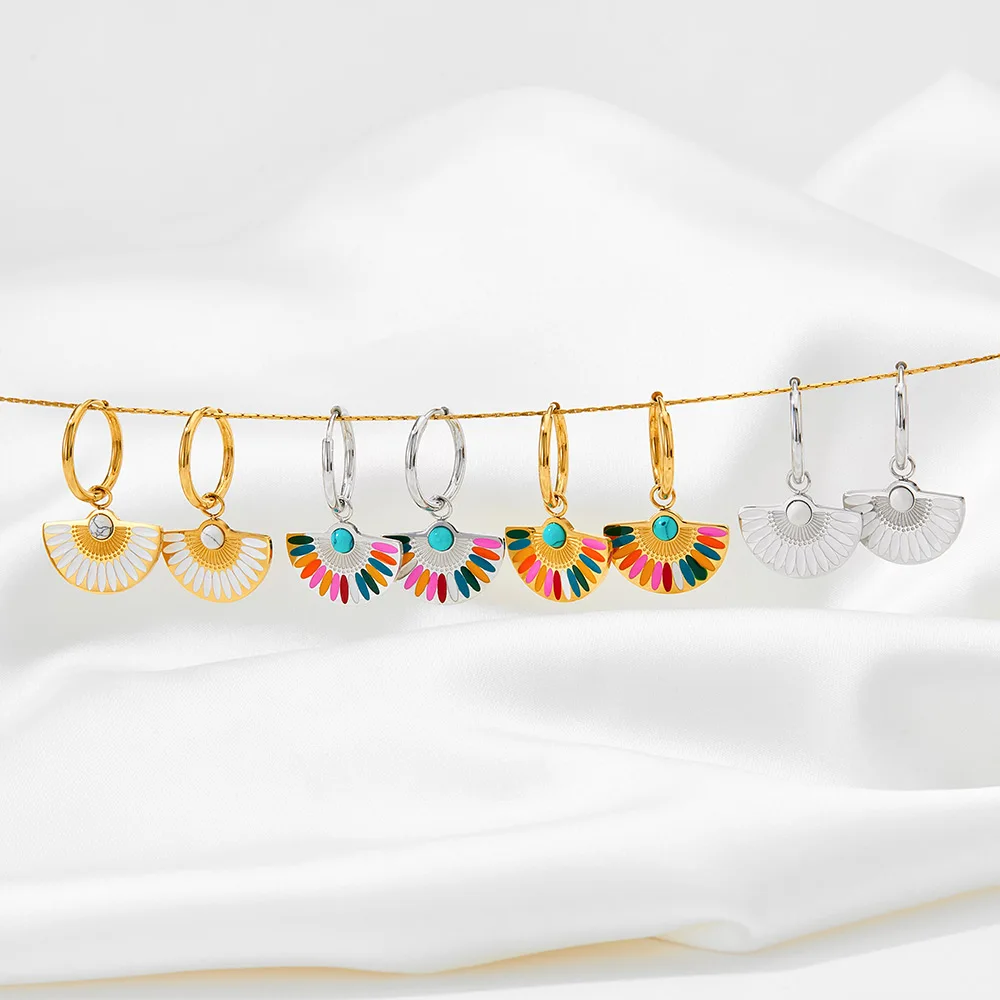 New Designer Bohemia Colorful Enamel Fan Charm Pendant  Gold Plated Stainless Steel Hoop Enamel Earrings