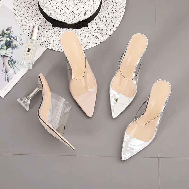 Elegant Transparent Mules Clear PVC High Heels Summer Glass Heel Style Pointed Toe Slippers Ladies Evening Sandals