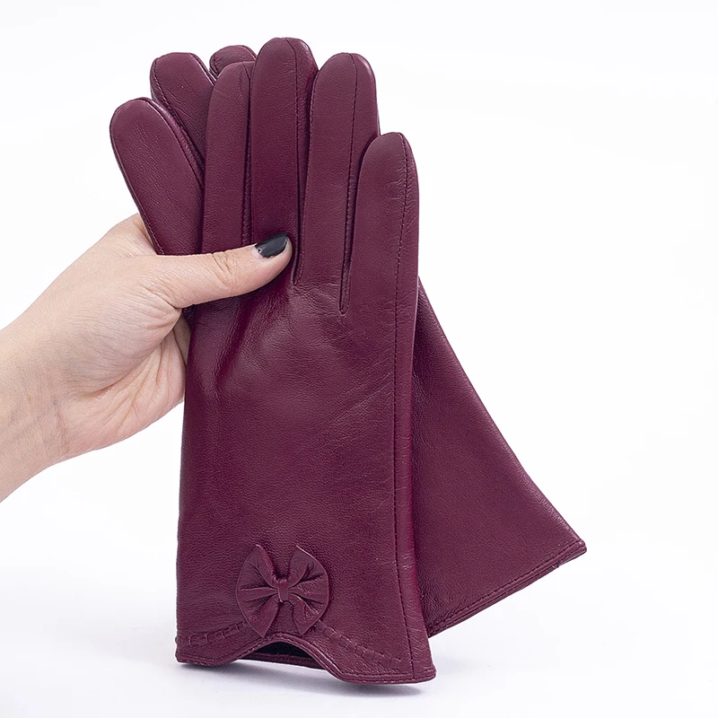 Hot sell Sheep Leather Warm Lined Gloves with Bow on Cuff Outdoor Wind-proof Driving gloves