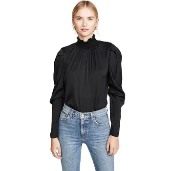 Fashion long sleeve black plain ruffles casual high neck women blouse
