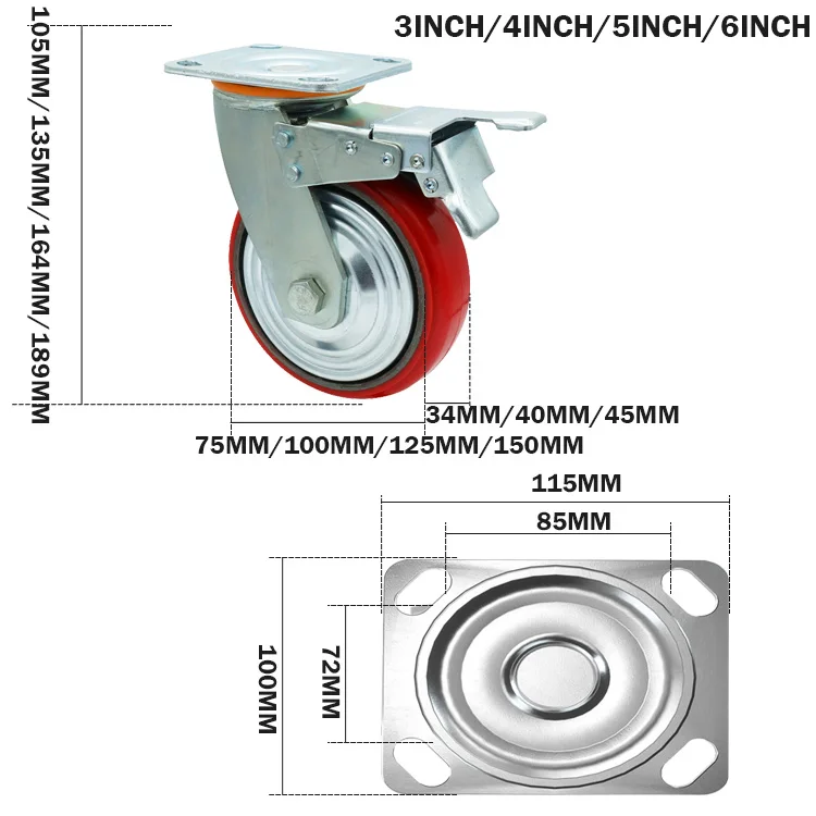 Wholesale high quality pu polyurethane swivel heavy duty caster wheel 6 inch details