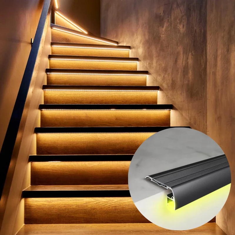 Modern Design LED Profile Aluminum Safety Light Step Stair Nosing Features Rubber Insert