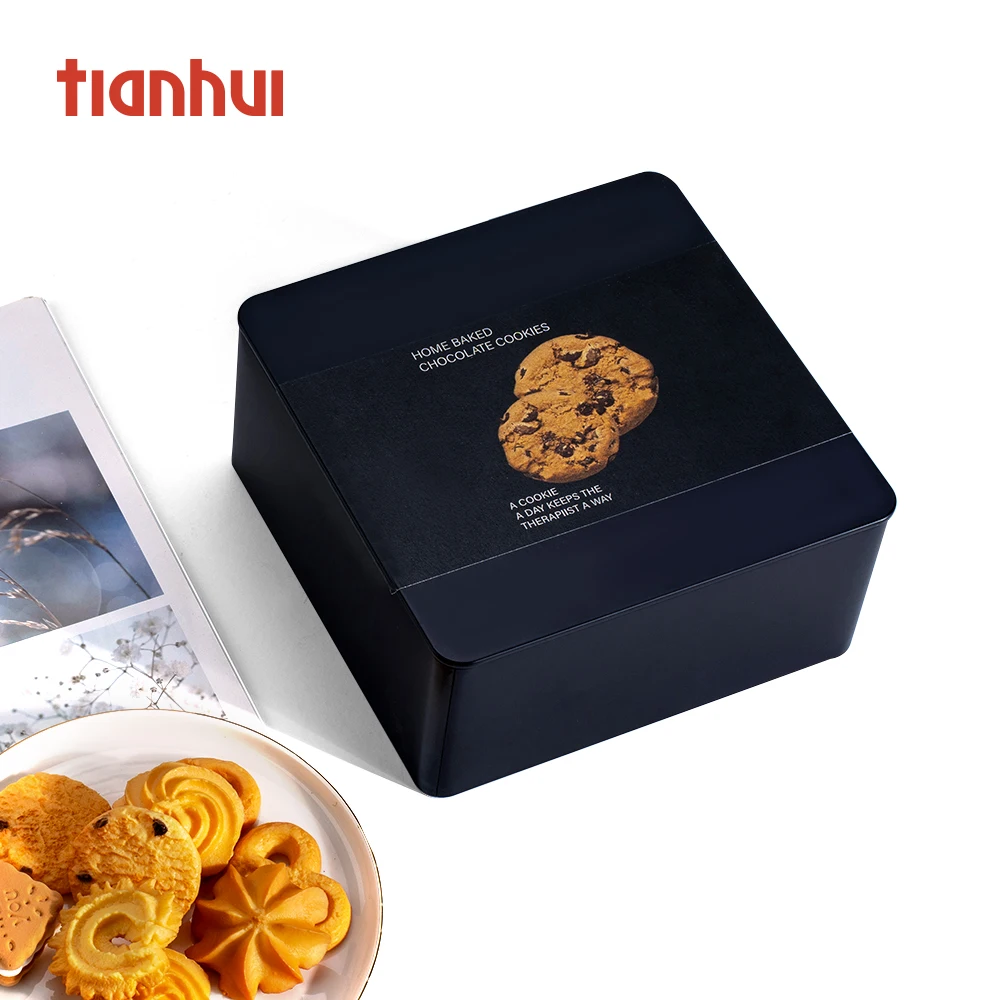 Caja de hojalata negra para guardar galletas, cuadrada, de Tianhui, para joyería, té, regalo, cajas de metal personalizables para galletas