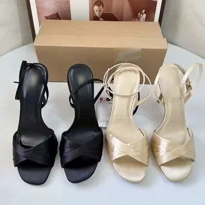 QuiteS Summer 2026 New Women's Shoes Light Beige Satin Square Toe One-Strap High Heel Sandals Luxury Femmesr Fashion Shoes