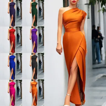 2024 New European and American Explosions Women's Single Shoulder High Waist Front Split Elegant Dress Hot Dress Skirt