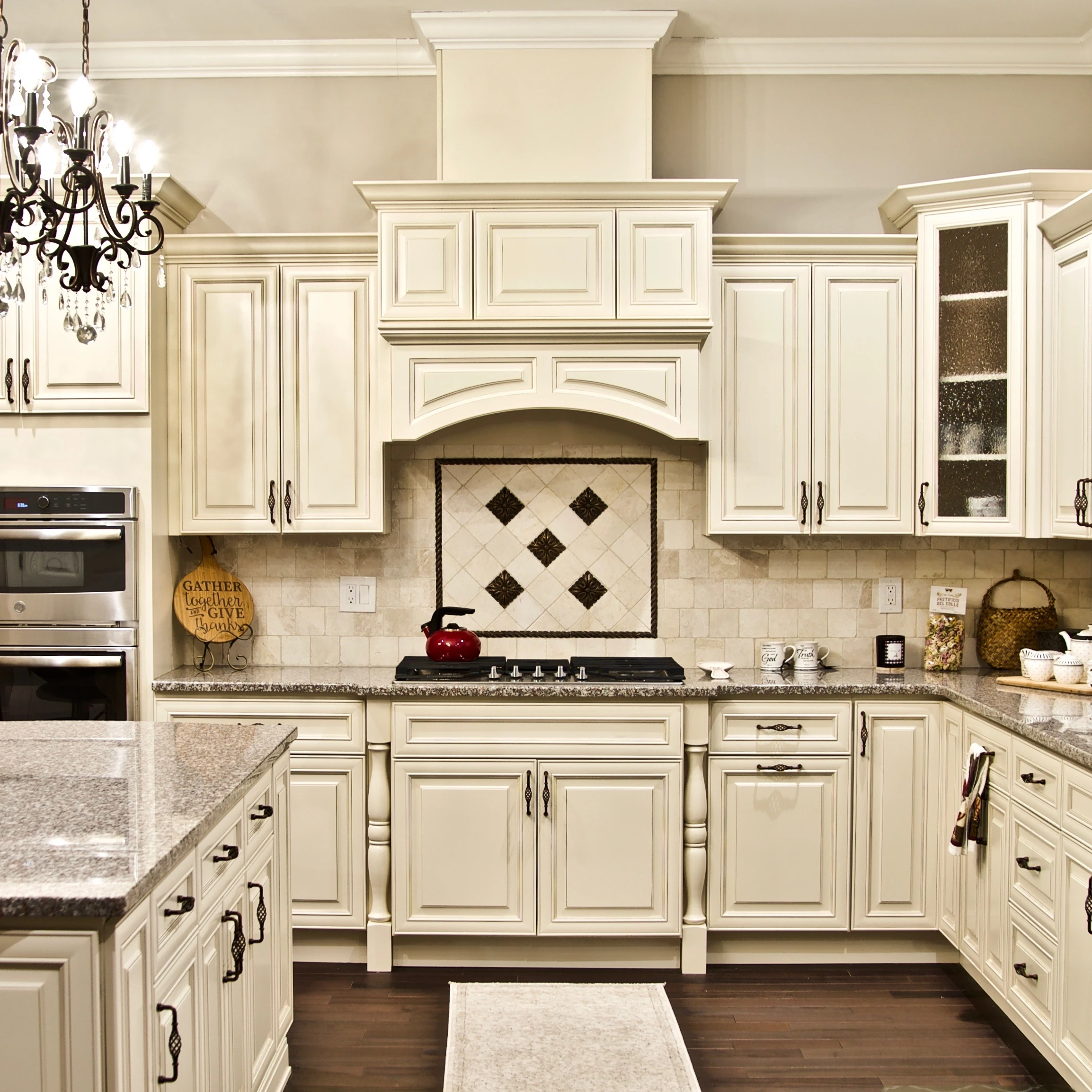 High end  European style modular cream white solid wood kitchen with island design cabinet