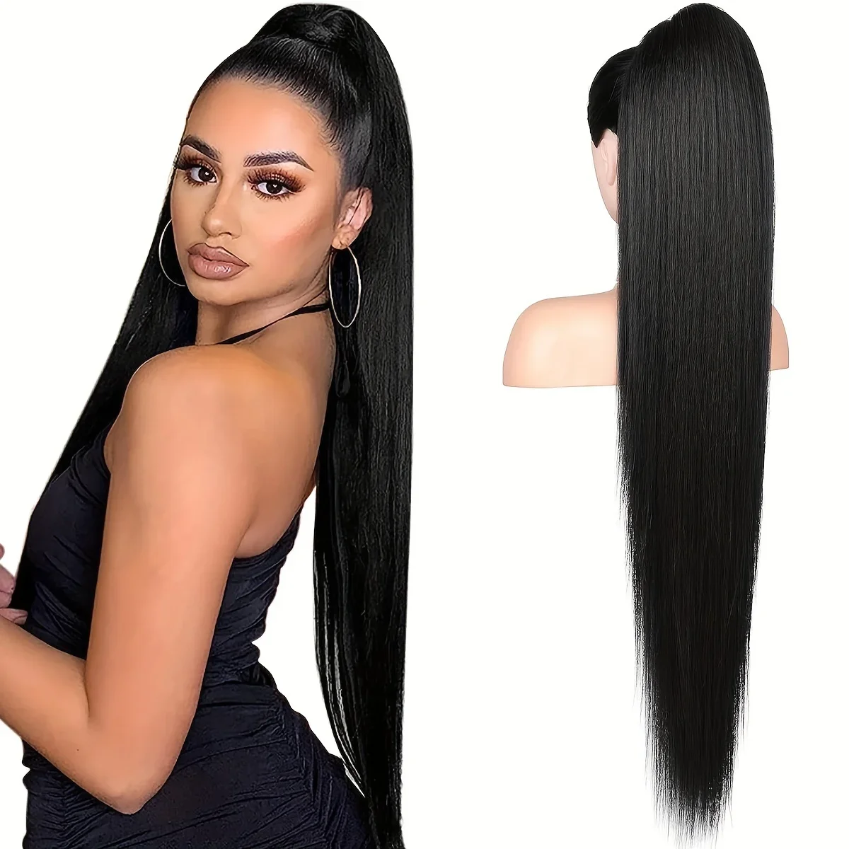 Long Straight Human Hair Ponytail Extension Wrap Around Drawstring_voghion.com