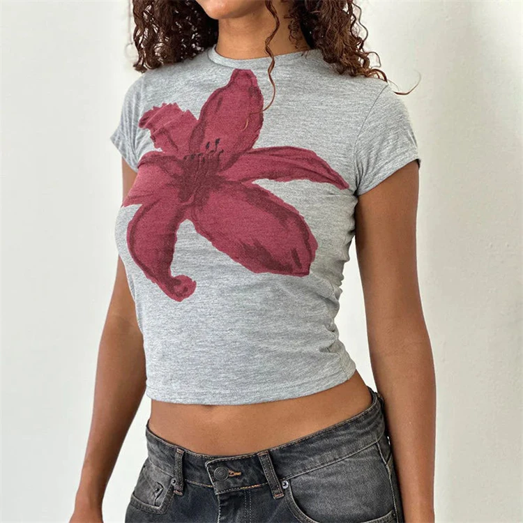 Ins Y2k Style Ladies Slim Cropped Top Flower Print T Shirt Fashion Sexy Belly Shirt Women Casual 0788