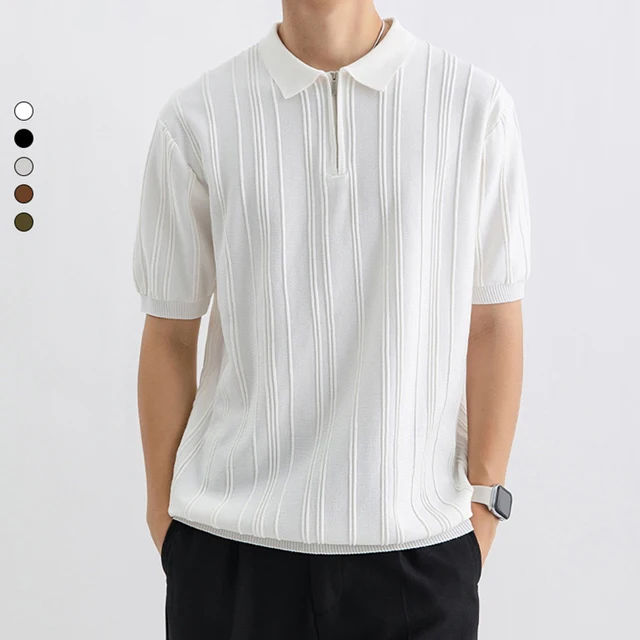 2025 New Vertical Bars polo shirt lapel collared ice silk short-sleeved T-shirt summer zipper Knitted sweater for men