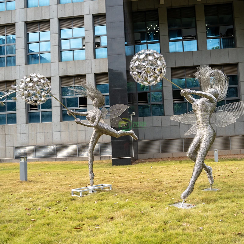 Modern Outdoor Garden Decorative Abstract Fairy Dandelion Statue Large Stainless Steel Sculpture Polished Metal Wire Design