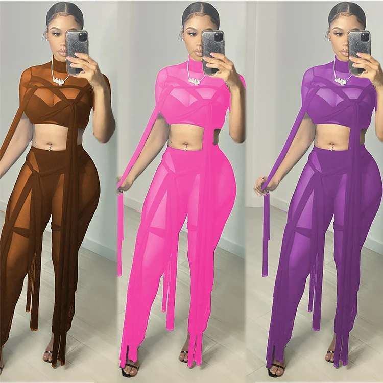 MOEN New Style wanita set Sexy Fashion Summer New Arrival 2021 Short Sleeves Long Pants Crop Top Two Piece Set