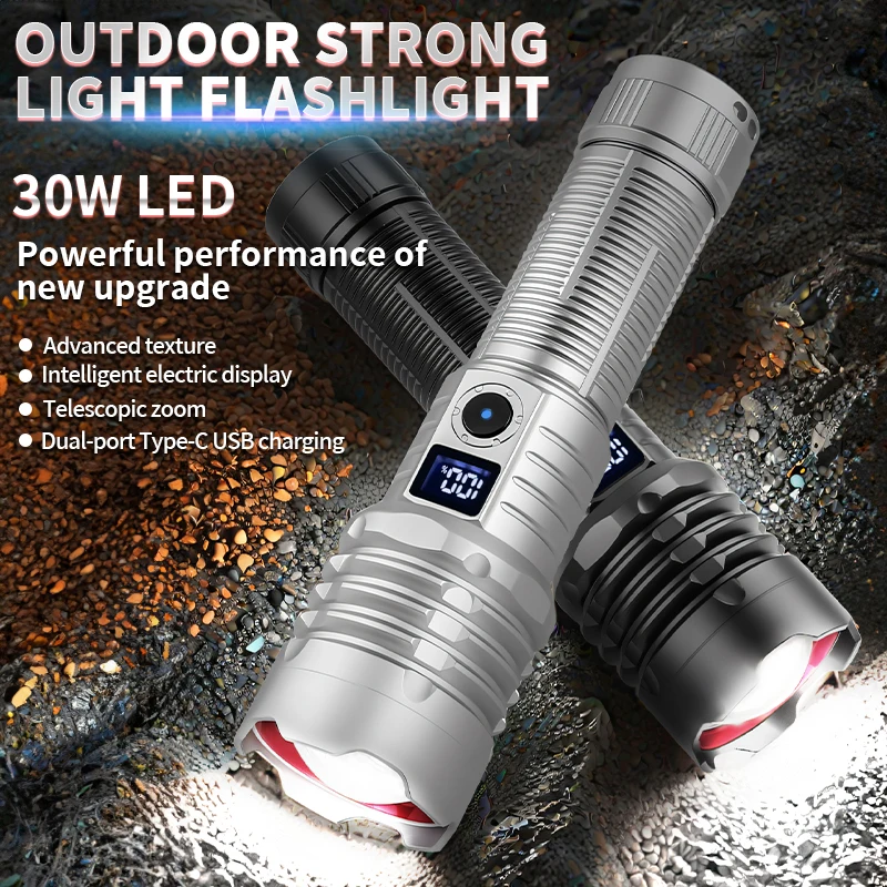 30W LED Flashlight 1200lm High Power 1000m Zoom Tactical Emergency Spotlights Aluminum Alloy Telescopic Torch Tactical Light