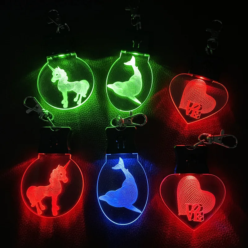 Customized Multi Design 3D Laser Engraved Blank Acrylic Keychain Led Pendant Light RGB Color Changing LED Crystal Key Chain Gift