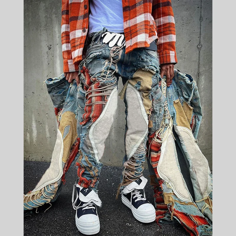 DiZNEW American street motorcycle spliced holes heavy worn embroidery men's jeans with hip hop loose straight leg stretch pants supplier