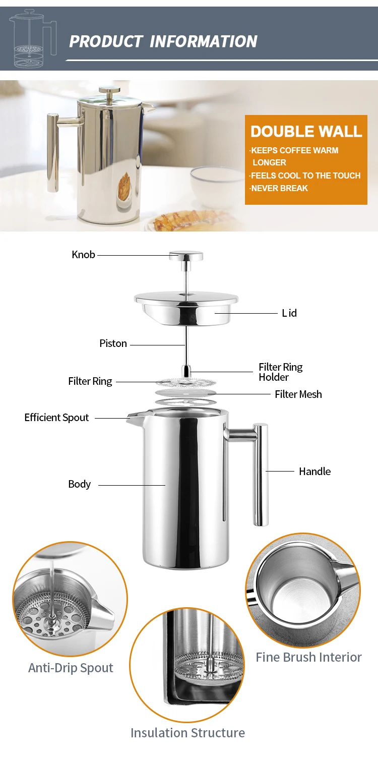 Highwin Factory Wholesale French Press Matt Black Stainless Steel