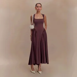 Square Neck Sexy Sleeveless Casual Dress Pleated Slimming Evening Dress Long Skirt for Women