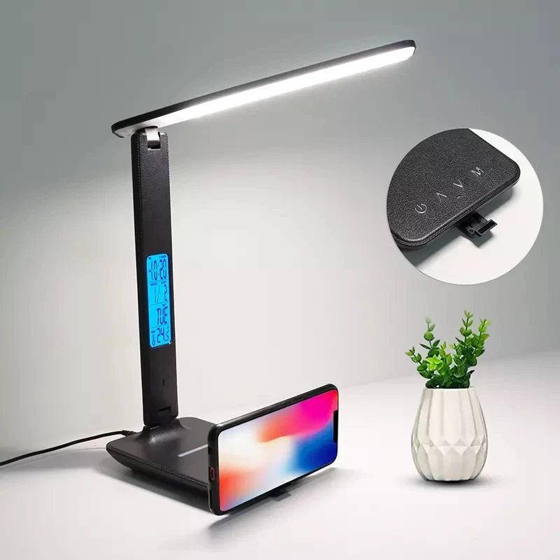 product 10w led table lamp with qi wireless charger alarm clock eye protection usb charging port 5v 21a ac power supply plastic body-43