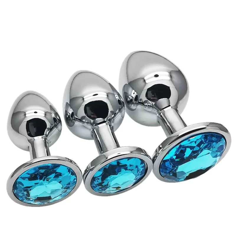 Blue Diamond Anal Butt Toys Plug Round Insert Jeweled Gem Metal 3 Size Set S/M/L 