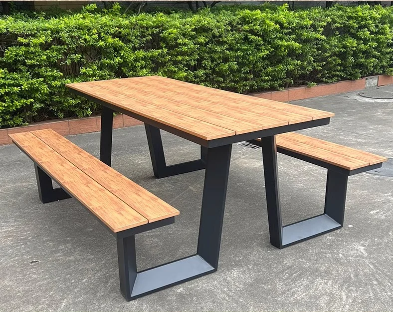 Rectangular Garden Wood Picnic Table Metal Frame 5ft 6ft 8ft for Outdoor Teak Dining for School Park Mall Hospital Patio Bench