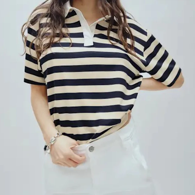 High - Quality Striped Top, Black & Beige, Short - Sleeve, Soft Breathable Fabric. Ideal for Casual/Office/Weekend Looks