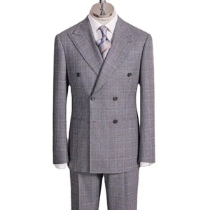 Men's Grey Slim Fit Business Suit Blazer Fashionable Double Breasted Woolen Coat Plaid Half Lining Breathable Plus Size Summer